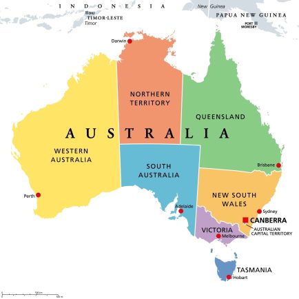 Australia,,Colored,Political,Map,,With,The,Capital,Canberra,,And,Administrative