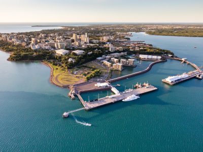 Aerial of Darwin and waterfront from helicopter